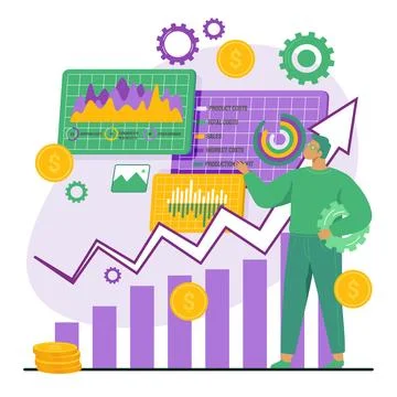 Business data analysis concept. Man financier marketer analyzing growth charts Stock Illustration