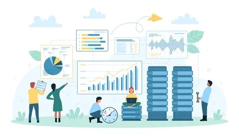 Business data analysis on dashboard, tiny people monitor financial graphs and イラスト素材
