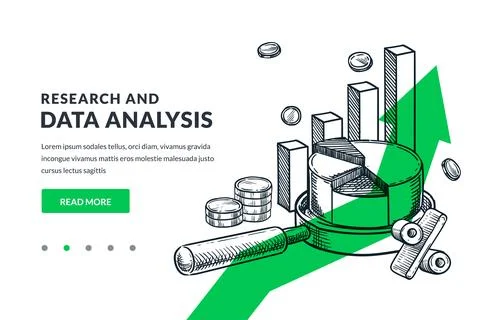 Business data analysis hand drawn vector sketch illustration. Magnifying gl.. Stock Illustration