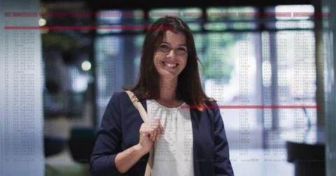 Business data analysis image over woman walking in office building Illustrazione stock