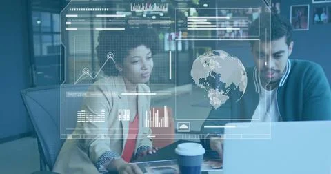 Business data analysis image over diverse colleagues discussing work in office Stock Photos