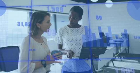 Business data analysis image over two women discussing in office Stock Photos