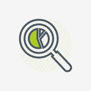 Business Data Analysis Line Icon with Magnifying Glass and Pie Chart Sign. Illustrazione stock