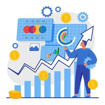 Business data analysis. Man financier marketer analyzing growth charts. Increase Stock Illustration
