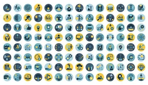 Business, data analysis, organization management and technology icon set Stock Illustration