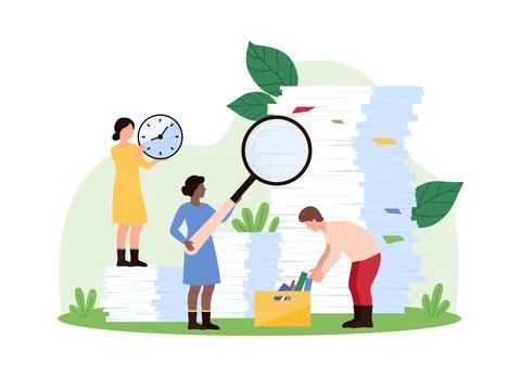 Business data analysis, paperwork organization by tiny people with magnifying Illustrazione stock