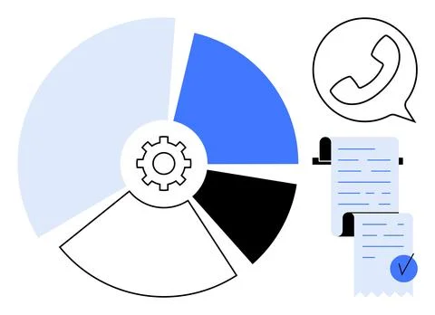 Business Data Analysis with Pie Chart, Gear, Phone Icon and Report Scroll Stock Illustration