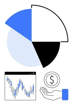 Business data analysis with pie chart, stock market graph, money symbol and Stock Illustration