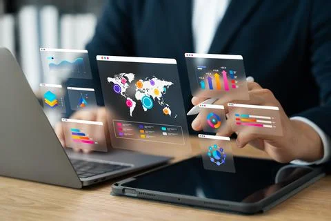 Business data analysis report with performance indicators dashboard, econom.. Foto stock