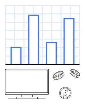 Business Data Analysis with Rising Bar Graphs, Computer Monitor, and Coins .. Stock Illustration