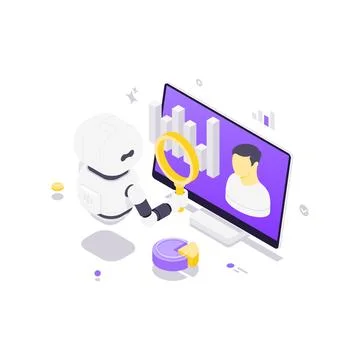 Business Data Analysis With Robot And Computer Isometric Vector Illustration Stock Illustration