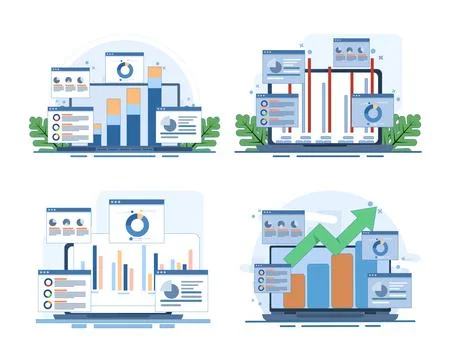 Business data analysis set illustrating financial statistics, reporting. Ilustración de archivo