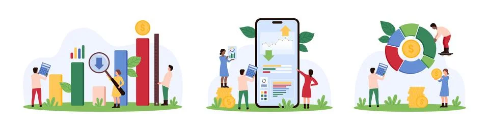 Business data analysis by tiny people, success investment experience evaluation Stock Illustration