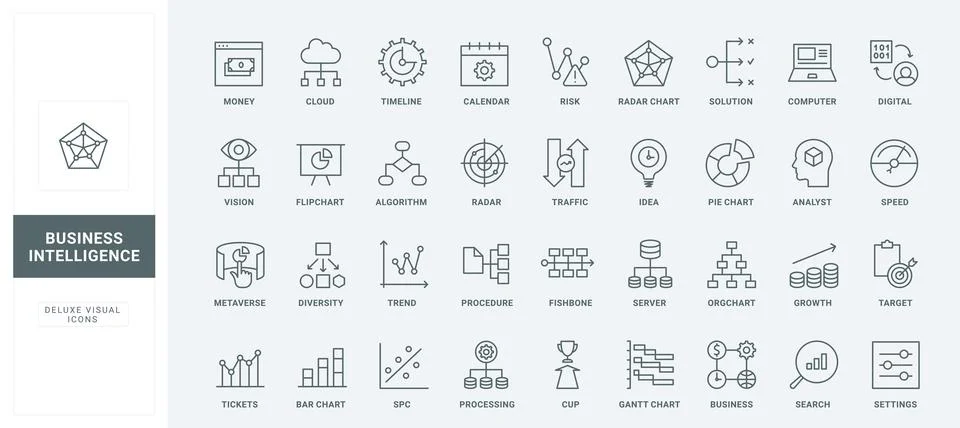 Business data analysis, trend analytics with cloud service and AI, settings line Illustrazione stock