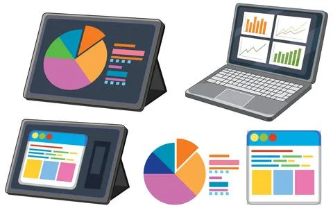 Business Data Analysis Vector Set with Laptop and Tablet Devices Stock Illustration