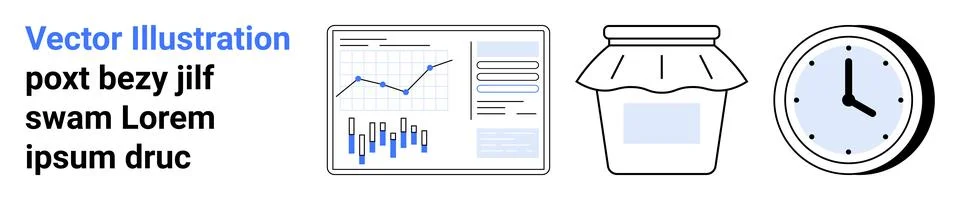 Business Data Analysis Visual, Food Jar, Analog Clock - Versatile Icons for.. Stock Illustration
