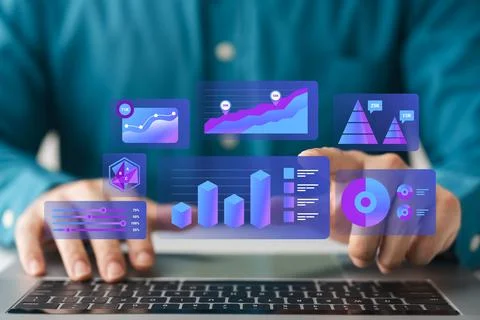 Business data analyst with dashboard charts, marketing sales strategic plan.. Stock Photos