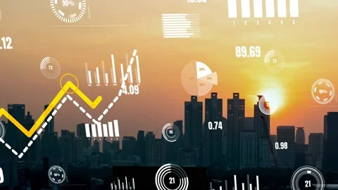 Business data analytic interface fly over smart city showing alteration future Stock Footage 168383212