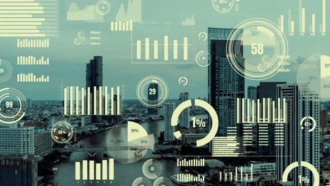 Business data analytic interface fly over smart city showing alteration future Stock Footage 199830193