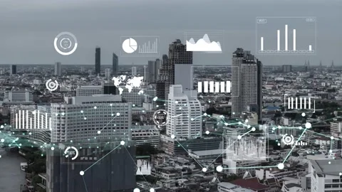 Business data analytic interface fly over smart city showing alteration future Stock Footage 221112941