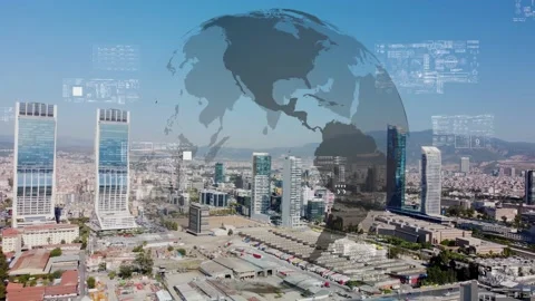 Business data analytic interface fly over smart city showing alteration future Stock Footage 233671608