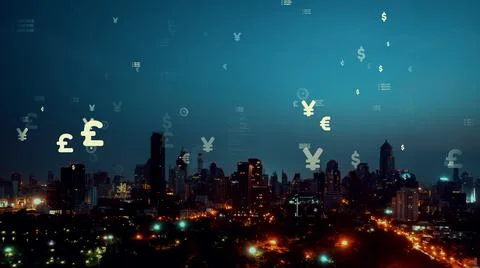 Business data analytic interface fly over smart city showing alteration future Stock Photos
