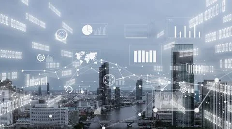 Business data analytic interface fly over smart city showing alteration future Stock Photos