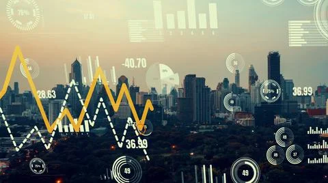 Business data analytic interface fly over smart city showing alteration future Stock Photos