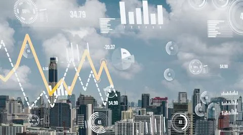 Business data analytic interface fly over smart city showing alteration future Stock Photos