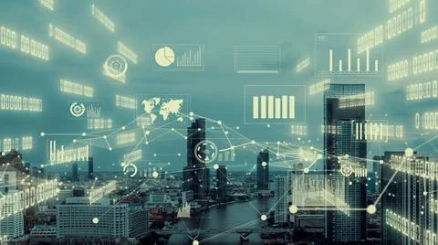 Business data analytic interface fly over smart city showing alteration future Stock Photos