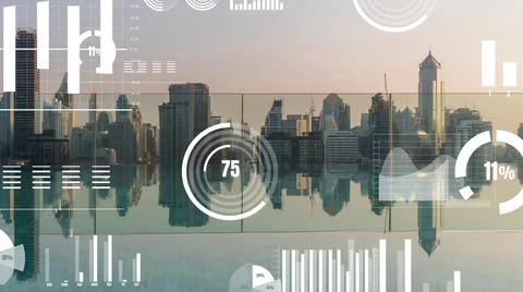 Business data analytic interface fly over smart city showing alteration future Foto stock