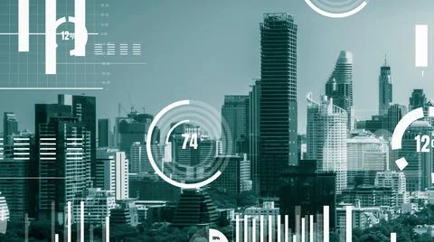 Business data analytic interface fly over smart city showing alteration future Stock Photos