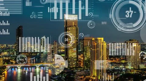 Business data analytic interface fly over smart city showing alteration future Stock Photos