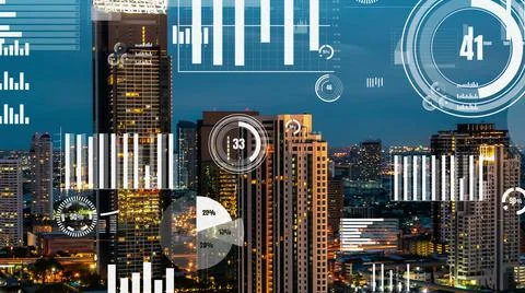 Business data analytic interface fly over smart city showing alteration future Foto stock