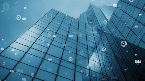 Business data analytic interface fly over smart city showing alteration future Stock Photos