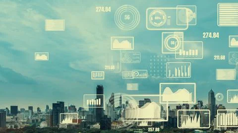 Business data analytic interface fly over smart city showing alteration future Stock Photos