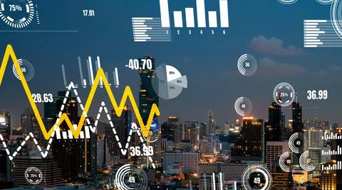 Business data analytic interface fly over smart city showing alteration future Foto stock