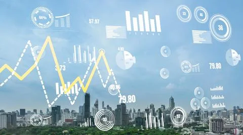 Business data analytic interface fly over smart city showing alteration future Stock Photos