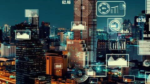 Business data analytic interface fly over smart city showing alteration future Foto stock