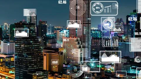 Business data analytic interface fly over smart city showing alteration future Foto stock