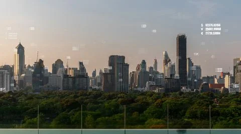Business data analytic interface fly over smart city showing alteration future Stock Photos