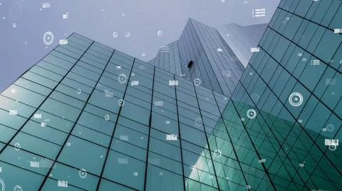 Business data analytic interface fly over smart city showing alteration future Stock Photos