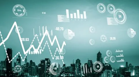 Business data analytic interface fly over smart city showing alteration future Stock Photos