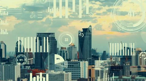 Business data analytic interface fly over smart city showing alteration future Stock Photos