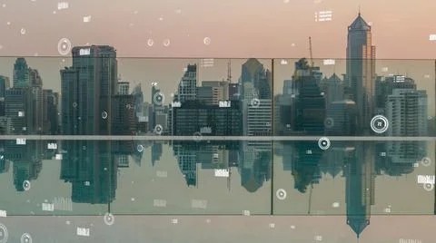 Business data analytic interface fly over smart city showing alteration future Stock Photos