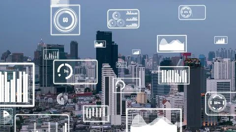 Business data analytic interface fly over smart city showing alteration future Stock Photos