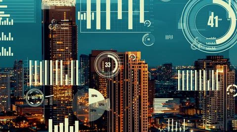 Business data analytic interface fly over smart city showing alteration future Stock Photos