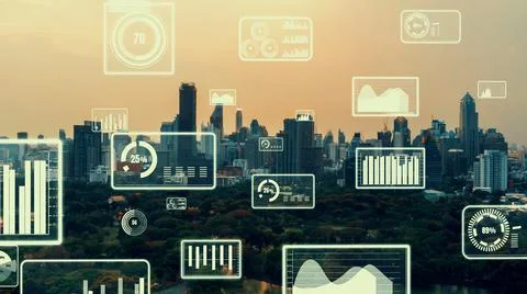 Business data analytic interface fly over smart city showing alteration future Stock Photos