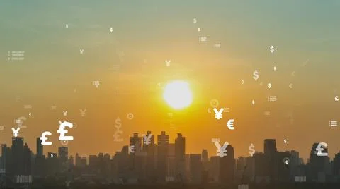 Business data analytic interface fly over smart city showing alteration future Stock Photos