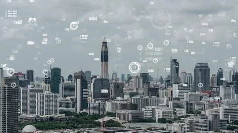 Business data analytic interface fly over smart city showing alteration future Stock Photos